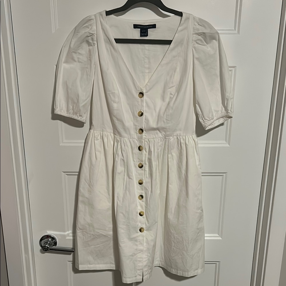French Connection White Puff Sleeve Mini Sundress Tortoise Shell Buttons 6